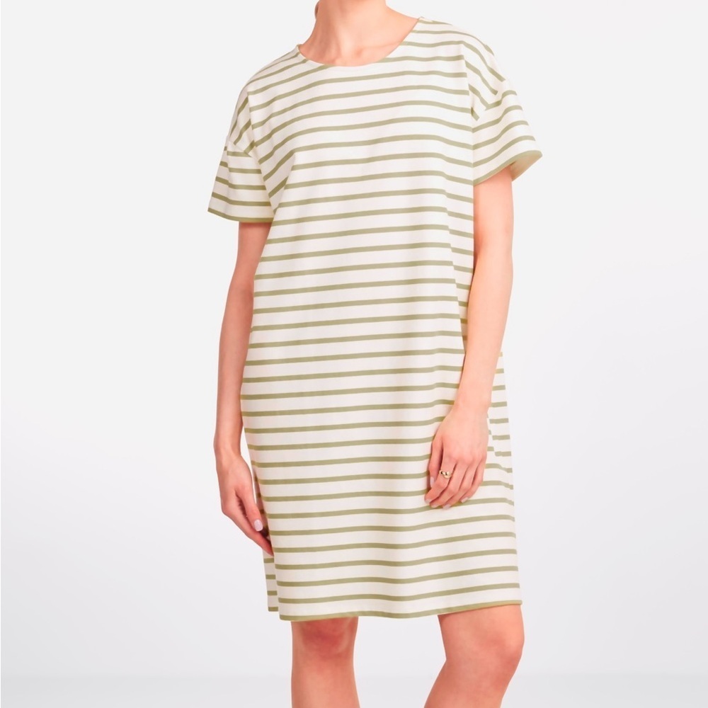 MUJI 100% Organic Cotton Tan and White Striped T Shirt Dress Size XS-S